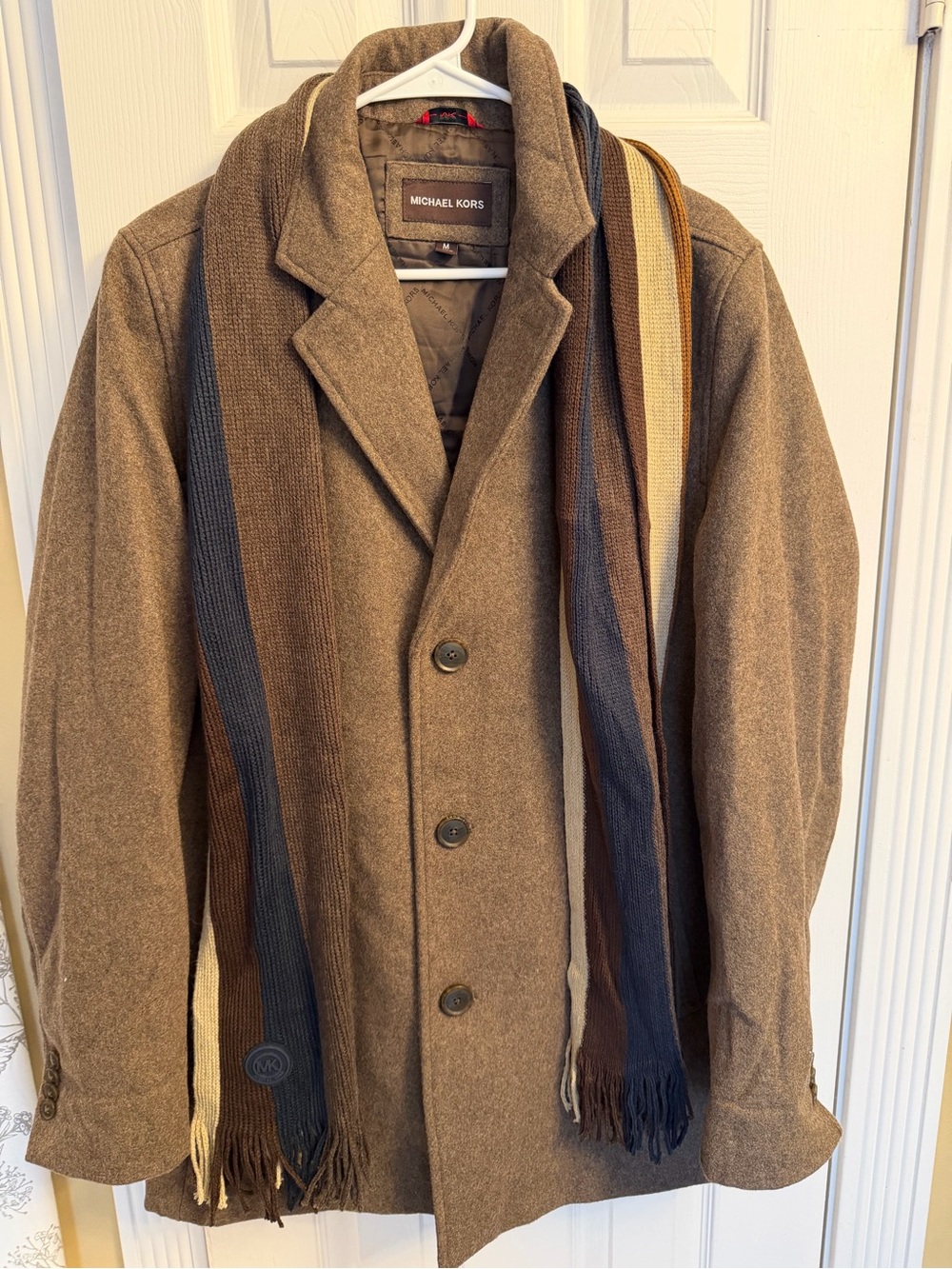 Michael Kors Men's Tan-Brown Wool Pea Coat NEW , scarf still attached.